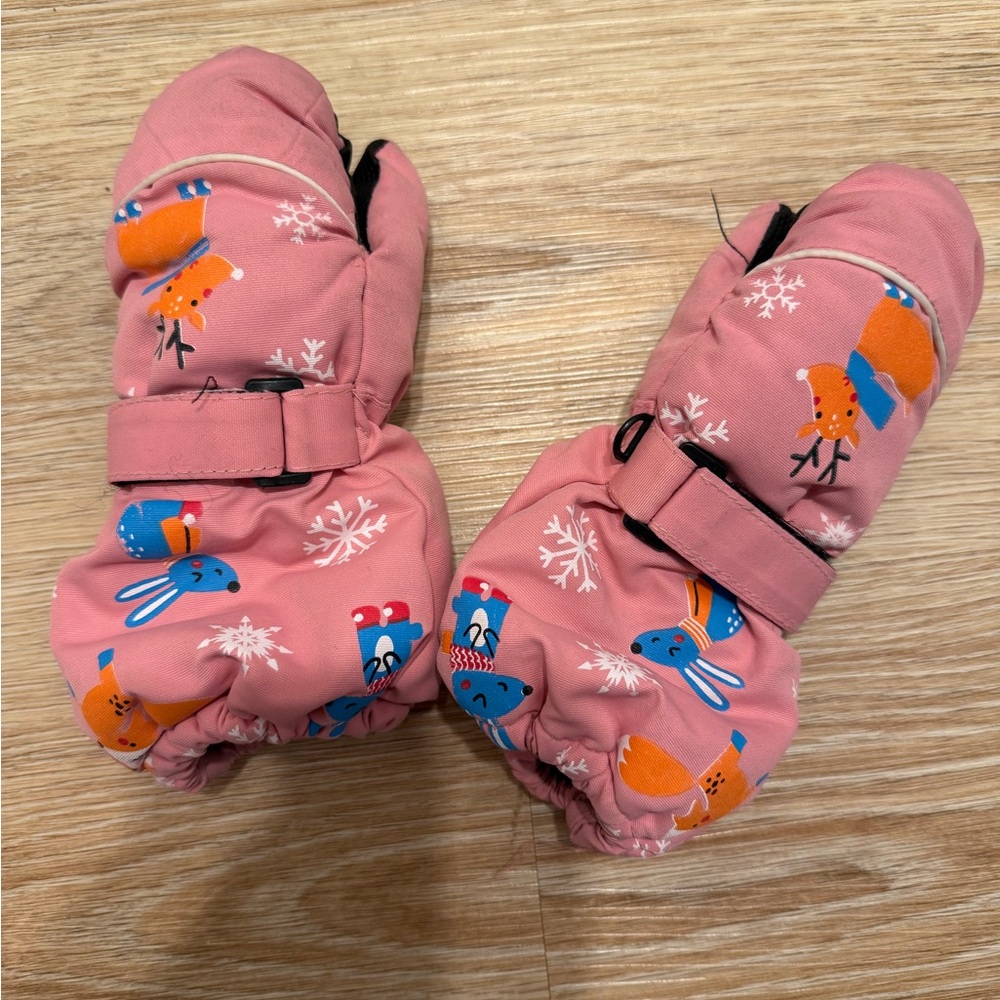 Pink Printed Kids Winter Ski Gloves